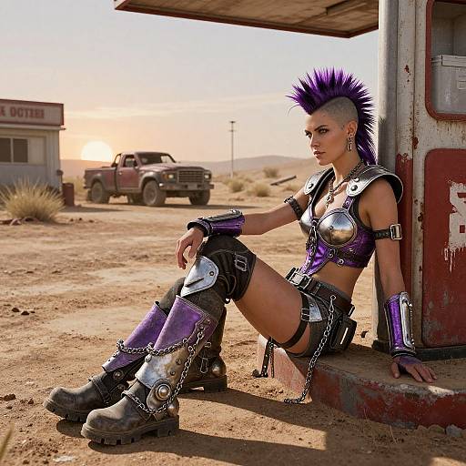 Digital artwork of a punk rock woman with purple mohawk, metallic armor, and chains, sitting by a desert gas station at sunset.