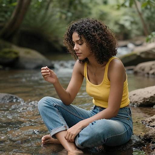 Curly-Haired Woman in Sunlit Creek