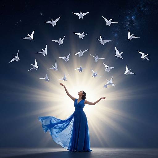 Photograph of a silhouetted woman in a flowing blue dress, arms raised, surrounded by white birds, illuminated by a bright, radiant light