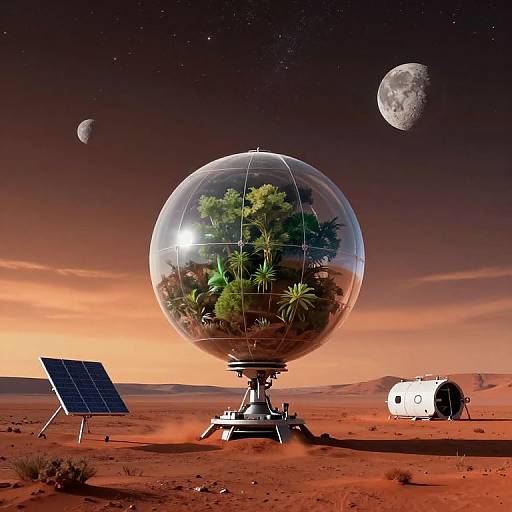 Digital artwork of a desert planet with a glass globe containing palm trees, solar panel, and spaceship under a starry sky with moons.