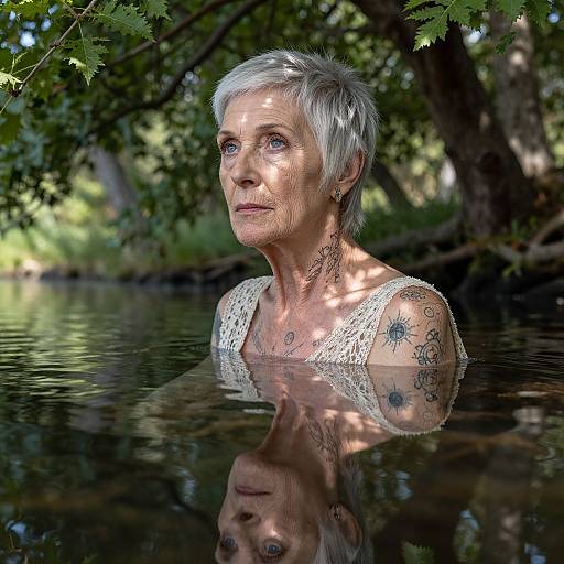 Photograph of an elderly woman with short gray hair, tattoos, and a white lace top, partially submerged in a forest pond. Sunlight filters through