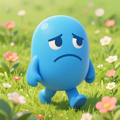 Sad Blue Emoji Walking in Meadow