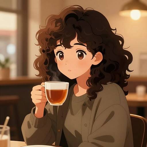 Anime-style digital illustration of a curly-haired, wide-eyed young woman with a neutral expression, holding a steaming cup of tea in a warmly lit,