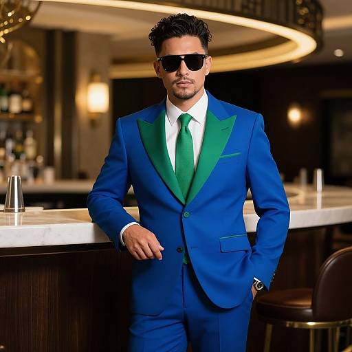Photograph of a handsome man in a vibrant blue suit with green lapels, white shirt, green tie, and black sunglasses, leaning against a modern
