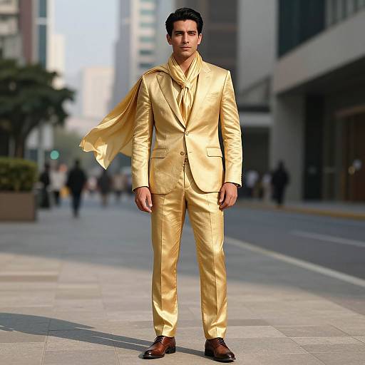 Photograph of a young man with short black hair, standing on a city street in a shiny gold suit, white shirt, and brown shoes, with