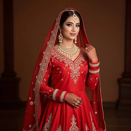 Photograph of a beautiful Indian bride in a vibrant red traditional lehenga, adorned with gold embroidery and jewelry, wearing a matching red veil, standing against