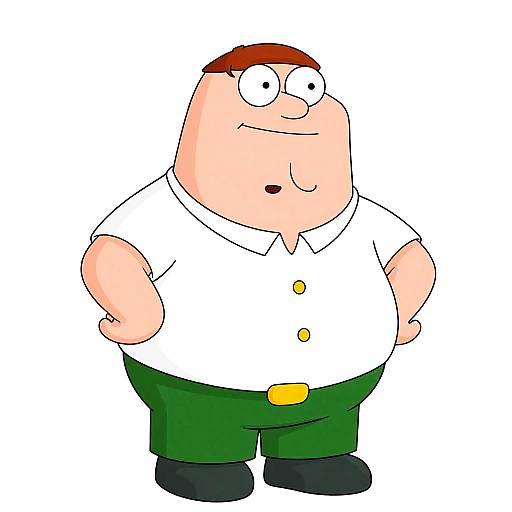 Cartoon drawing of a chubby, bald man with red hair, wearing a white shirt, green pants, black shoes, and yellow buttons.