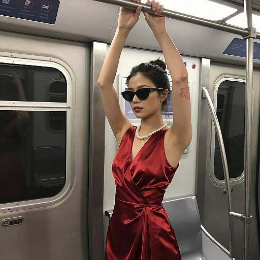 Elegant Woman Standing in Subway Car