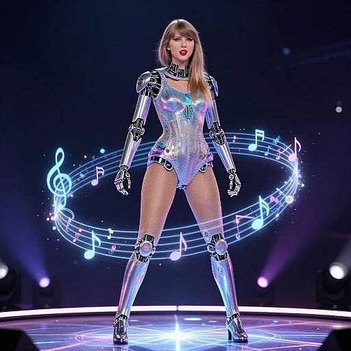 Photograph of a futuristic, robotic woman with silver, holographic bodysuit, glowing music notes, and cybernetic arms and legs, standing