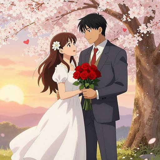 Anime-style illustration of a couple under cherry blossoms; she wears a white dress, he in a black suit, holding red roses, with a sunset