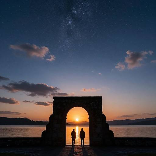 Silhouetted archway at sunset, two people standing in front, reflection on water, starry sky, scattered clouds, vibrant orange sun.