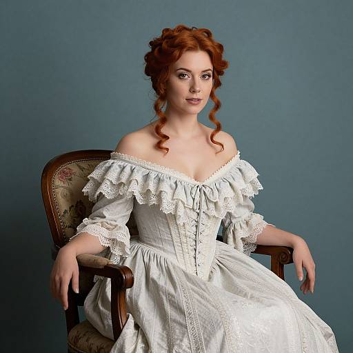 Photograph of a fair-skinned redhead woman with curly hair, wearing an off-shoulder white lace dress, seated in an ornate chair against