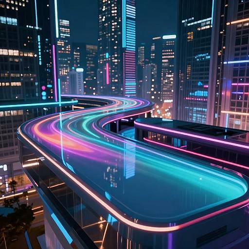Neon-lit cityscape at night: long exposure photo of winding highway with vibrant blue, pink, and purple light trails, surrounded by towering illuminated