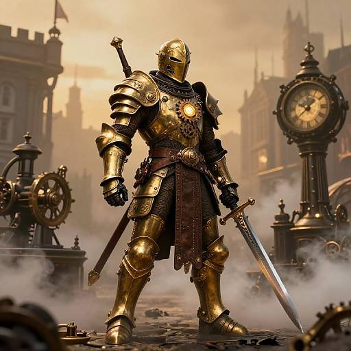Digital CGI of a gold-plated knight in medieval armor, standing confidently with a sword, in a foggy, steampunk city square.