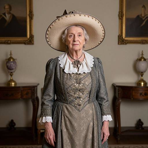 Photograph of an elderly white woman in a Victorian-style dress and wide-brimmed hat, standing in a formal room with framed portraits.