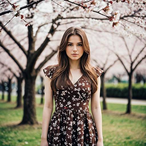 Young Woman in Floral Dress Among Cherry Blossoms