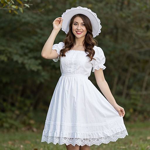 Photograph of a smiling young woman in a white lace-trimmed dress and sunhat, standing in a green, leafy outdoor setting.