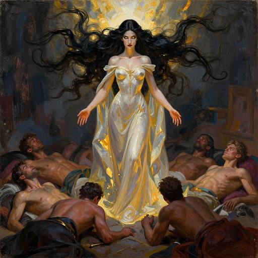 Digital painting of a radiant, black-haired woman in a glowing, off-shoulder white gown, surrounded by shirtless, unconscious men in a dark