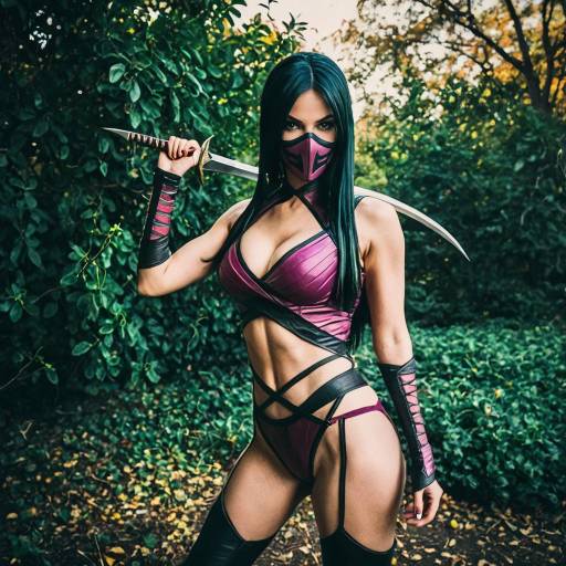 Woman Cosplaying Mileena with Sword in Forest