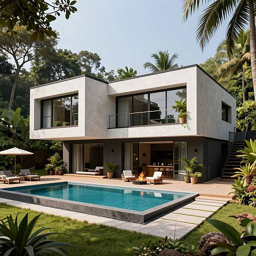 Photograph of a modern, two-story white house with large windows, surrounded by lush greenery, featuring a rectangular pool, outdoor furniture, and p