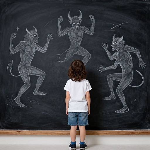 Photograph of a young child in a white shirt and denim shorts standing before a chalkboard drawing of three demonic figures in white chalk.