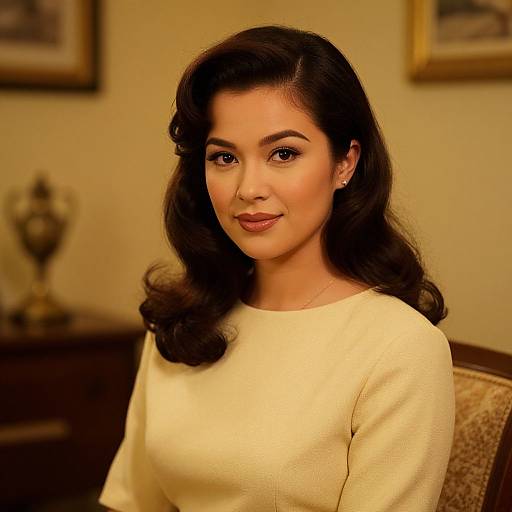 Photograph of a smiling Asian woman with dark, wavy hair in vintage-style, wearing a cream-colored sweater, in a warmly lit room with framed
