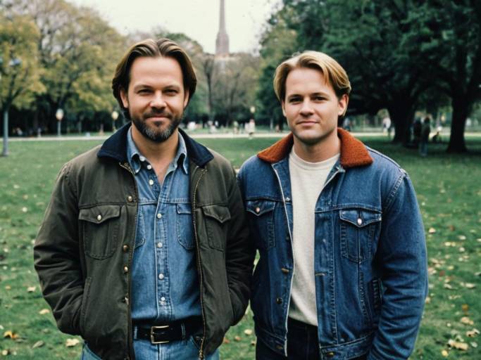 Two Men Standing in Park Wearing Jackets