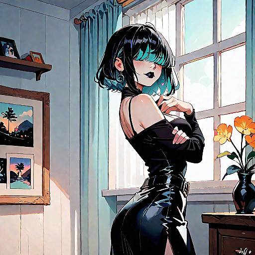 Digital anime-style drawing of a black-haired girl with blue highlights, wearing a black off-shoulder dress, standing by a sunlit window in a