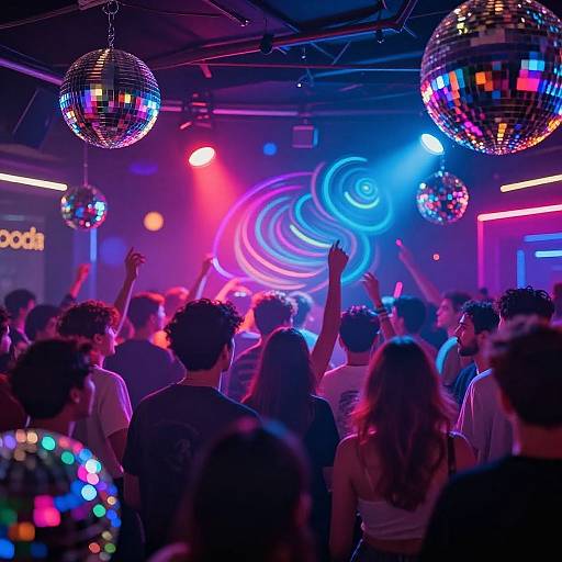 Photograph of a vibrant nightclub with a crowd dancing under colorful disco balls, illuminated by pink and blue neon lights, and a swirling light pattern on the
