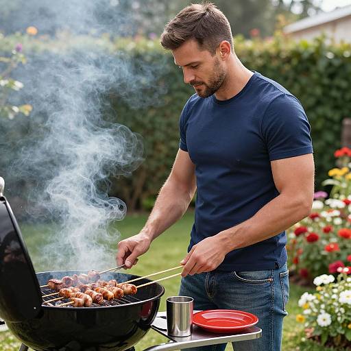 Photograph of a muscular, bearded man in a blue shirt, grilling skewers with smoke, standing in a colorful garden.
