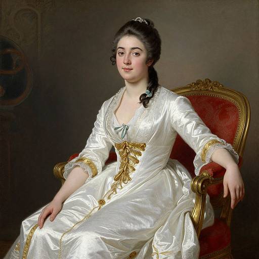 Portrait of a fair-skinned, dark-haired woman in an elegant, white satin dress with gold trim, seated on a red, gold-accented