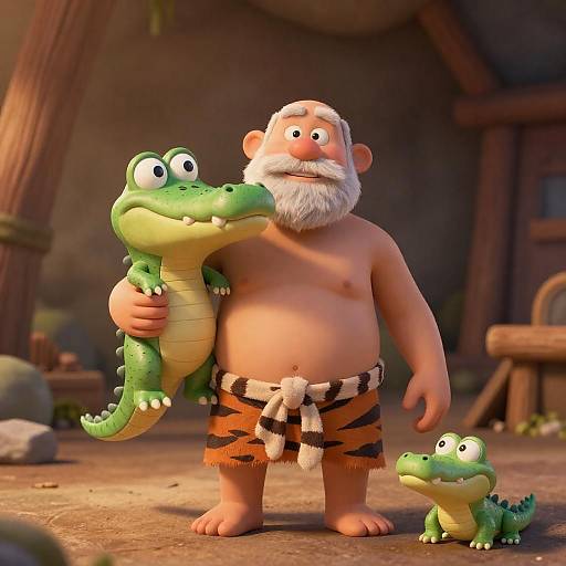 Cartoon Man with Crocodiles in Cave