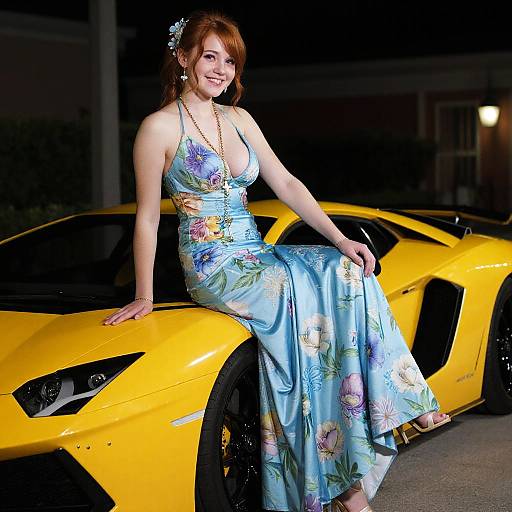 Photograph of a smiling, fair-skinned woman with red hair, wearing a floral, blue, floor-length dress, sitting on a yellow sports car