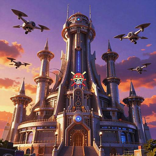 Photorealistic digital art of a futuristic, purple and orange sunset-lit castle with six flying drones, featuring a prominent red and blue emblem on the
