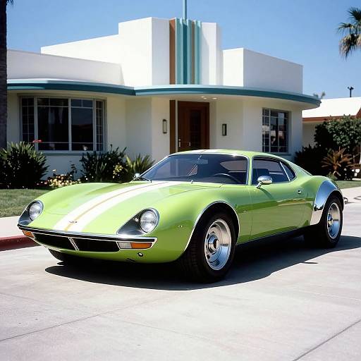 Photograph of a bright green vintage sports car with white racing stripes parked in front of a modern, white stucco building on a sunny day.