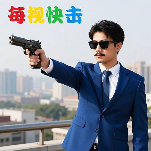Man in Blue Suit with Gun and Sunglasses