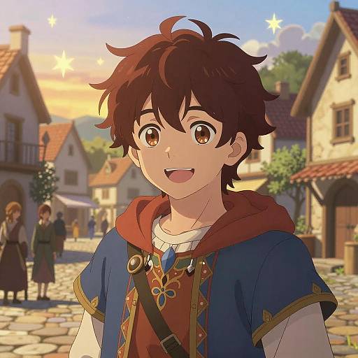 Anime-style illustration of a young boy with brown hair, wearing a blue tunic and red hood, smiling in a quaint, sunny village street with stone