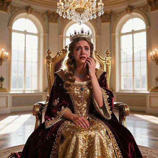 Photograph of a young woman with long brown hair, wearing a gold and black royal gown, crown, and ornate chair, in a luxurious,