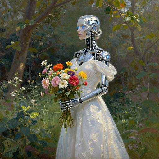 Digital painting of a silver robot bride in a white floral dress holding a colorful bouquet in a lush forest.