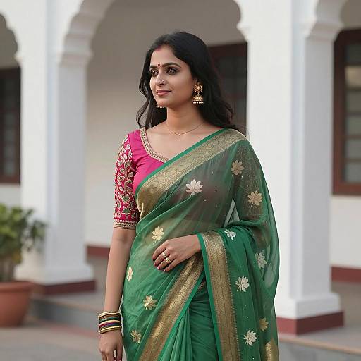 Indian Woman in Green Saree Standing Outdoors