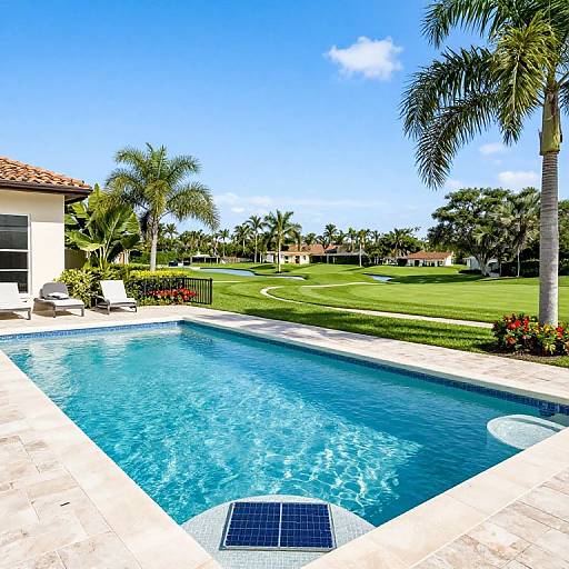 Photograph of a bright blue rectangular swimming pool with clear water, surrounded by white tiles, palm trees, and a lush green lawn under a vivid blue
