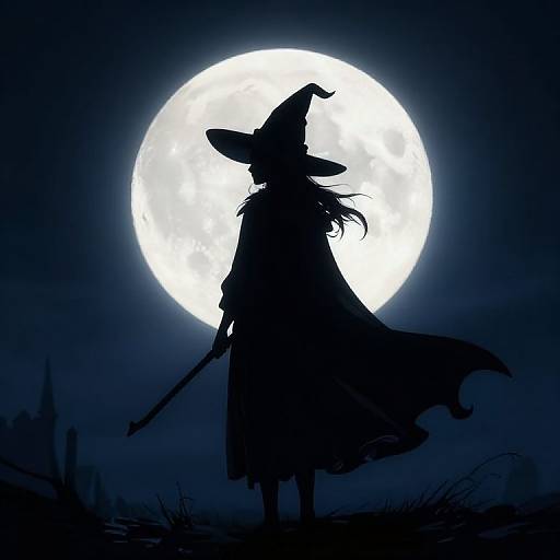 Silhouetted witch with pointed hat and cloak, holding staff, stands before a glowing full moon in a dark, midnight sky.