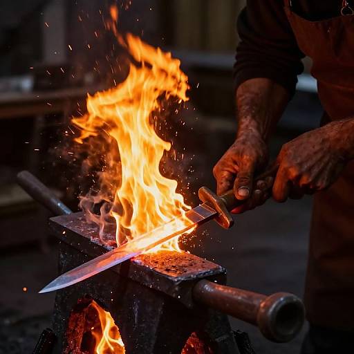 Photograph of a blacksmith's hands holding a knife, sharpening it over a bright, roaring forge fire, with sparks flying.