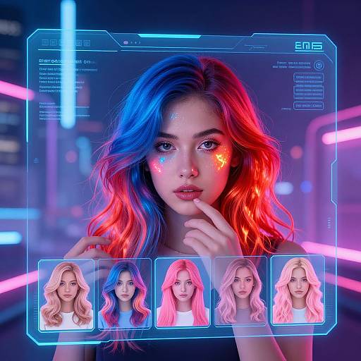 Photorealistic digital artwork of a woman with blue and red hair, neon face markings, futuristic interface, and three profile images below. Neon cityscape