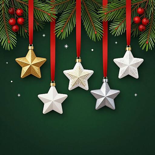 Digital illustration of five star-shaped ornaments, three white and two gold, hanging from red ribbons against a dark green background, with pine branches and red