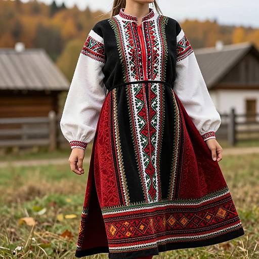 Photograph of a young girl in a traditional Eastern European embroidered dress with red, black, and white patterns, standing in a rural, autumnal field