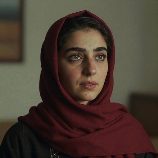 Photograph of a Middle Eastern woman with olive skin and dark brown eyes, wearing a deep maroon hijab, looking pensively forward in a dim