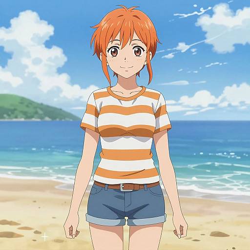 Anime-style digital drawing of a cute, orange-haired girl with short hair, wearing a striped orange and white shirt and blue shorts, standing on a sunny