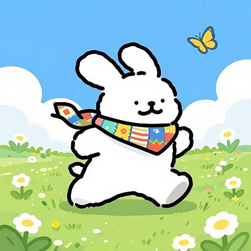 Cartoon white bunny with colorful scarf, smiling, running in bright green field with daisies, blue sky, and yellow butterfly.