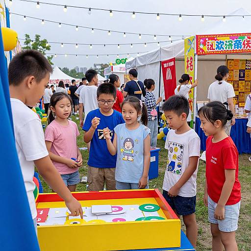 Photograph of Asian children at a colorful outdoor fair, interacting with a vendor at a game table, surrounded by white tents and string lights.